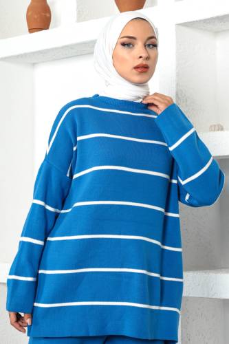 Çizgili Triko Takım TSD220905 Mavi - Tesettür Dünyası (1)
