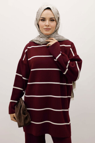 Çizgili Triko Takım TSD240721 Bordo - TESETTÜR DÜNYASI (1)