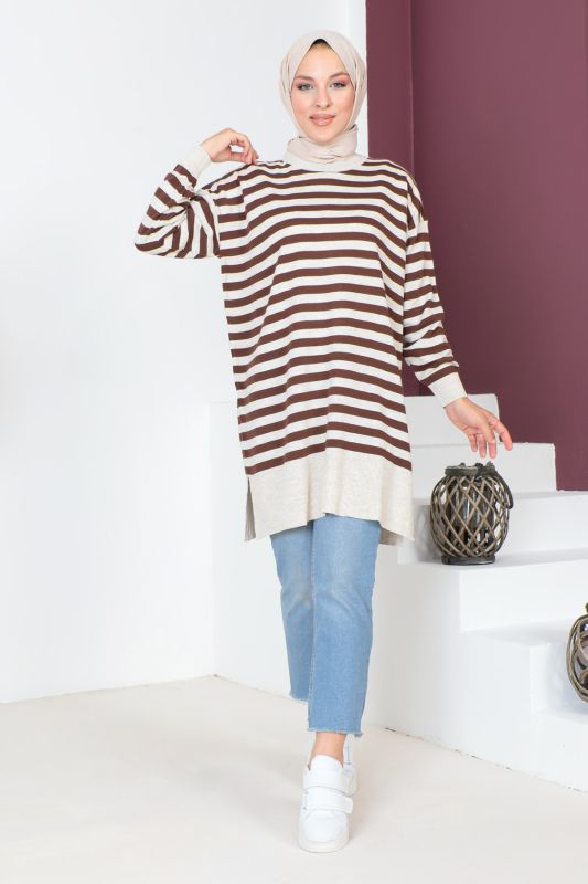 Çizgili Triko Tunik TSD230716 Kahverengi - 1