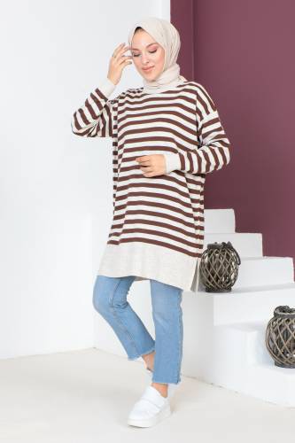 Çizgili Triko Tunik TSD230716 Kahverengi - 3