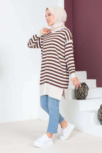 Çizgili Triko Tunik TSD230716 Kahverengi - 4