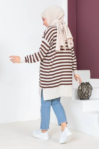 Çizgili Triko Tunik TSD230716 Kahverengi - 5