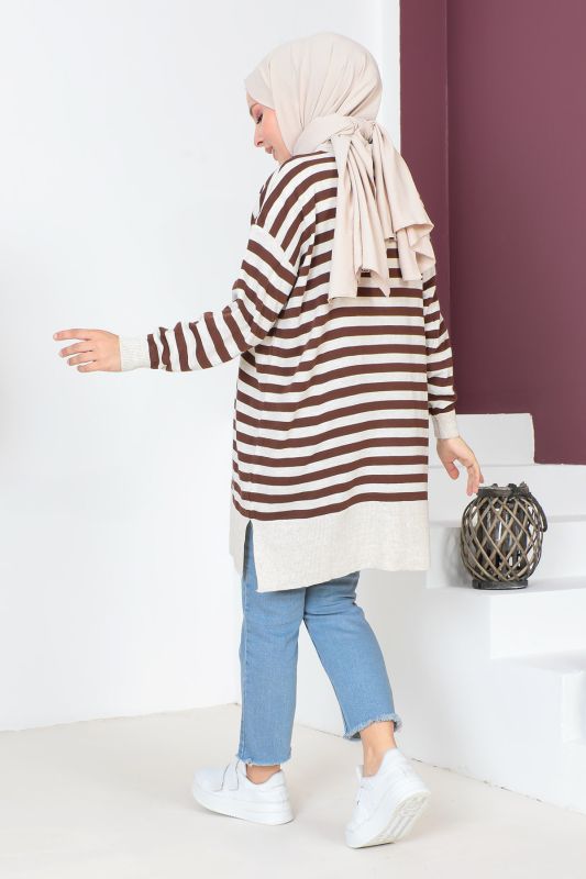 Çizgili Triko Tunik TSD230716 Kahverengi - 5