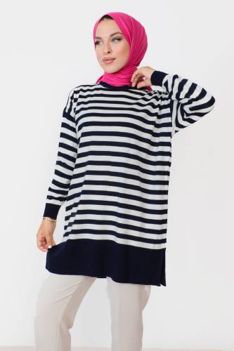 Çizgili Triko Tunik TSD230716 Lacivert - Tesettür Dünyası (1)