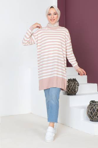 Çizgili Triko Tunik TSD230716 Pudra 