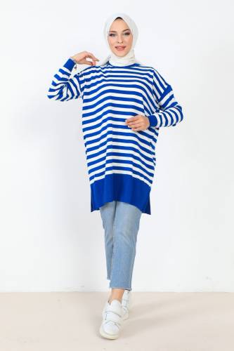 Çizgili Triko Tunik TSD230716 Saks Mavisi 
