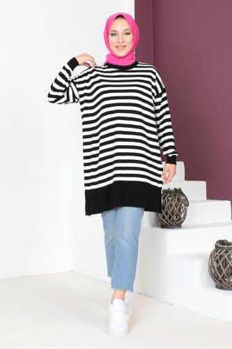 Çizgili Triko Tunik TSD230716 Siyah 