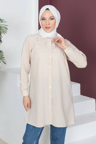 Çizgili Tunik TSD230517 Bej - Tesettür Dünyası (1)