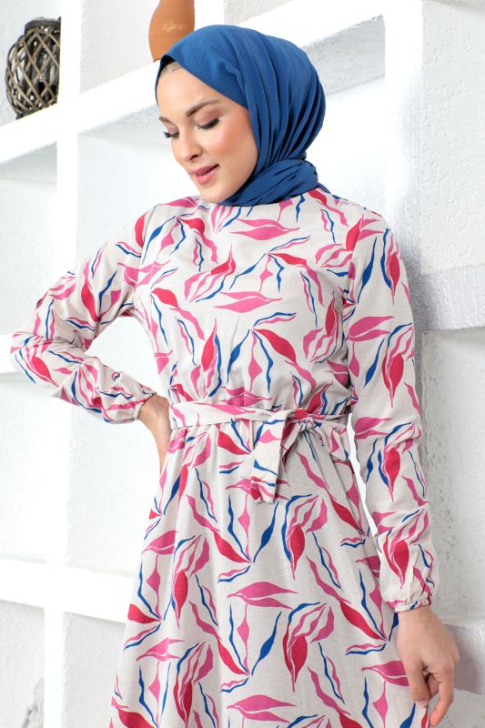 Dal Desenli Keten Elbise TSD230226 Pembe - 2