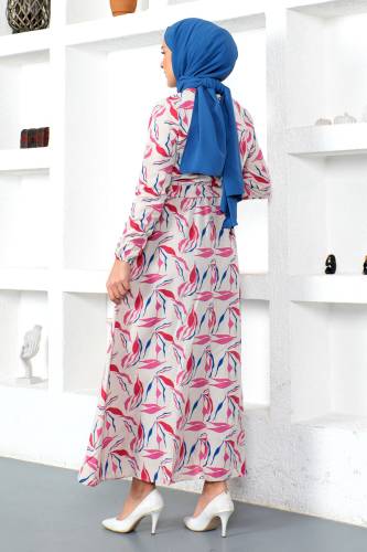 Dal Desenli Keten Elbise TSD230226 Pembe - 5