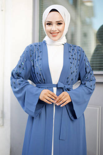 Dal Desenli Tesettür Abaya TSD240724 İndigo - Tesettür Dünyası (1)