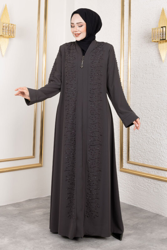 Dalga Taş Detaylı Abaya TSD250166 Antrasit - 1