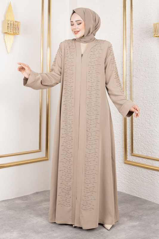 Dalga Taş Detaylı Abaya TSD250166 Bej - 1