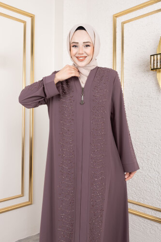 Dalga Taş Detaylı Abaya TSD250166 Gül Kurusu - Tesettür Dünyası (1)