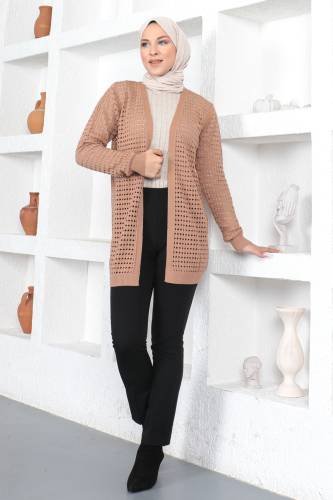 Delikli Triko Hırka TSD230354 Camel - Tesettür Dünyası (1)