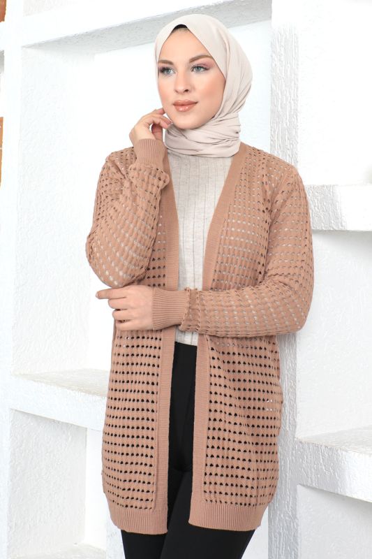 Delikli Triko Hırka TSD230354 Camel - 3