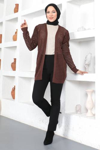 Delikli Triko Hırka TSD230354 Kahverengi - Tesettür Dünyası (1)
