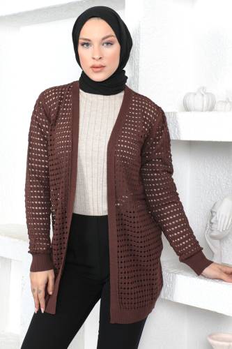 Delikli Triko Hırka TSD230354 Kahverengi 