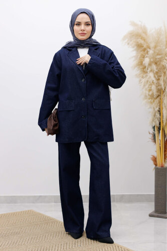 Denim Blazer Takım TSD260105 Koyu Mavi - TESETTÜR DÜNYASI