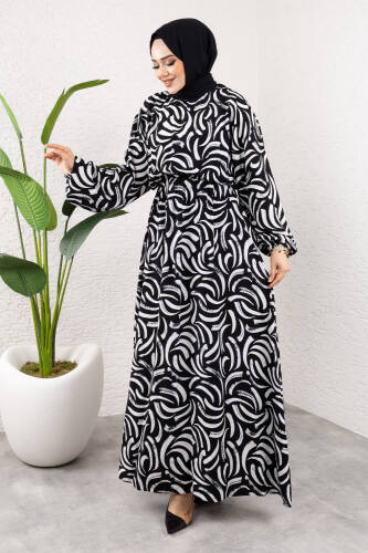Desenli Beli Lastikli Viskon Elbise TSD250102 Siyah - 1