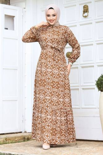Desenli Eteği Volanlı Elbise TSD240242 Camel 