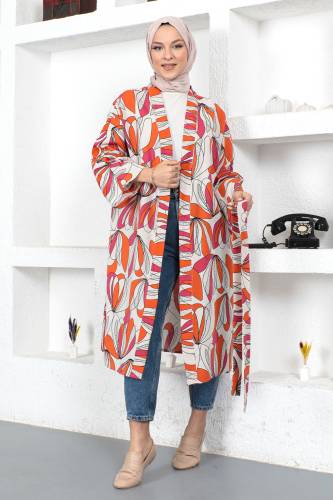 Desenli Kimono TSD230428 Turuncu - Tesettür Dünyası (1)