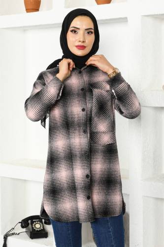 Desenli Kışlık Gömlek TSD221020 Pembe - Tesettür Dünyası (1)
