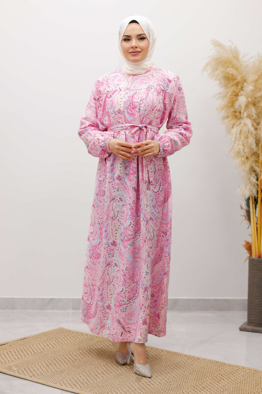 Desenli Robalı Elbise TSD250267 Pembe - 1