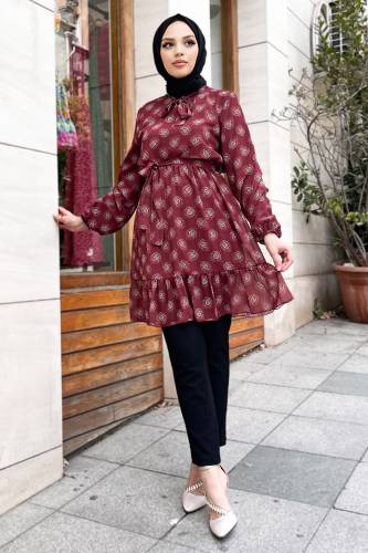 Desenli Şifon Tunik TSD220805 Bordo - Tesettür Dünyası (1)