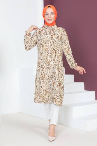 Desenli Uzun Boy Tunik TSD230706 Kahverengi 