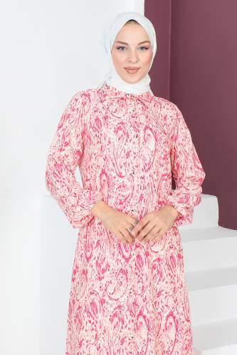 Desenli Uzun Boy Tunik TSD230706 Pembe - Tesettür Dünyası (1)