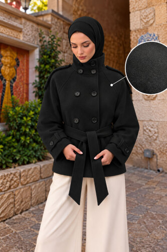 Dik Yaka Apolet Detaylı Kaşe Kaban TSD260355 Siyah - 2