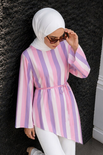 Dikey Çizgi Detaylı Asimetrik Tunik TSD260276 Pembe - Tesettür Dünyası (1)