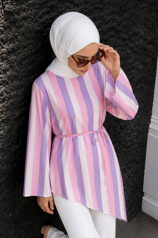 Dikey Çizgi Detaylı Asimetrik Tunik TSD260276 Pembe - Tesettür Dünyası (1)