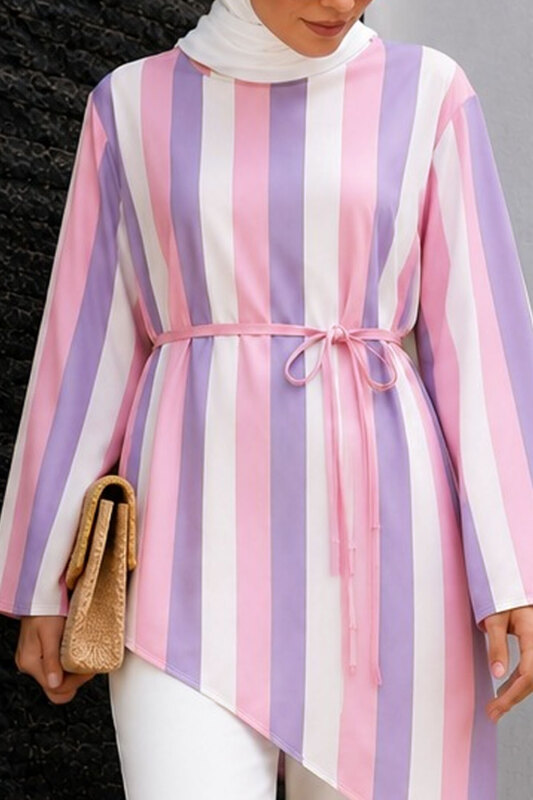 Dikey Çizgi Detaylı Asimetrik Tunik TSD260276 Pembe - 4