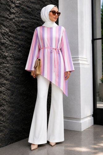Dikey Çizgi Detaylı Asimetrik Tunik TSD260276 Pembe - 5