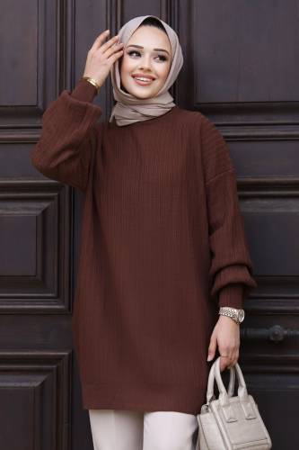 Dikey Çizgi Kabartmalı Triko Tunik TSD240214 Kahverengi - Tesettür Dünyası (1)
