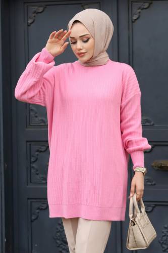 Dikey Çizgi Kabartmalı Triko Tunik TSD240214 Pembe - Tesettür Dünyası (1)