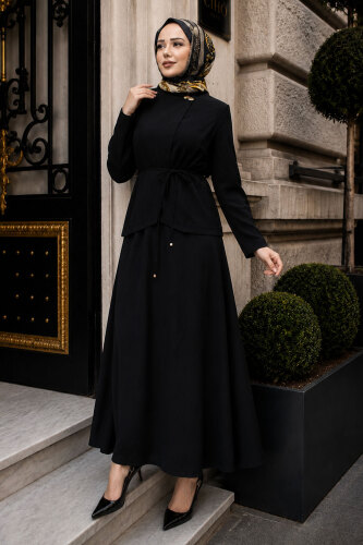 Dikiş Detaylı Düğmeli Etekli Takım TSD260201 Siyah - TESETTÜR DÜNYASI