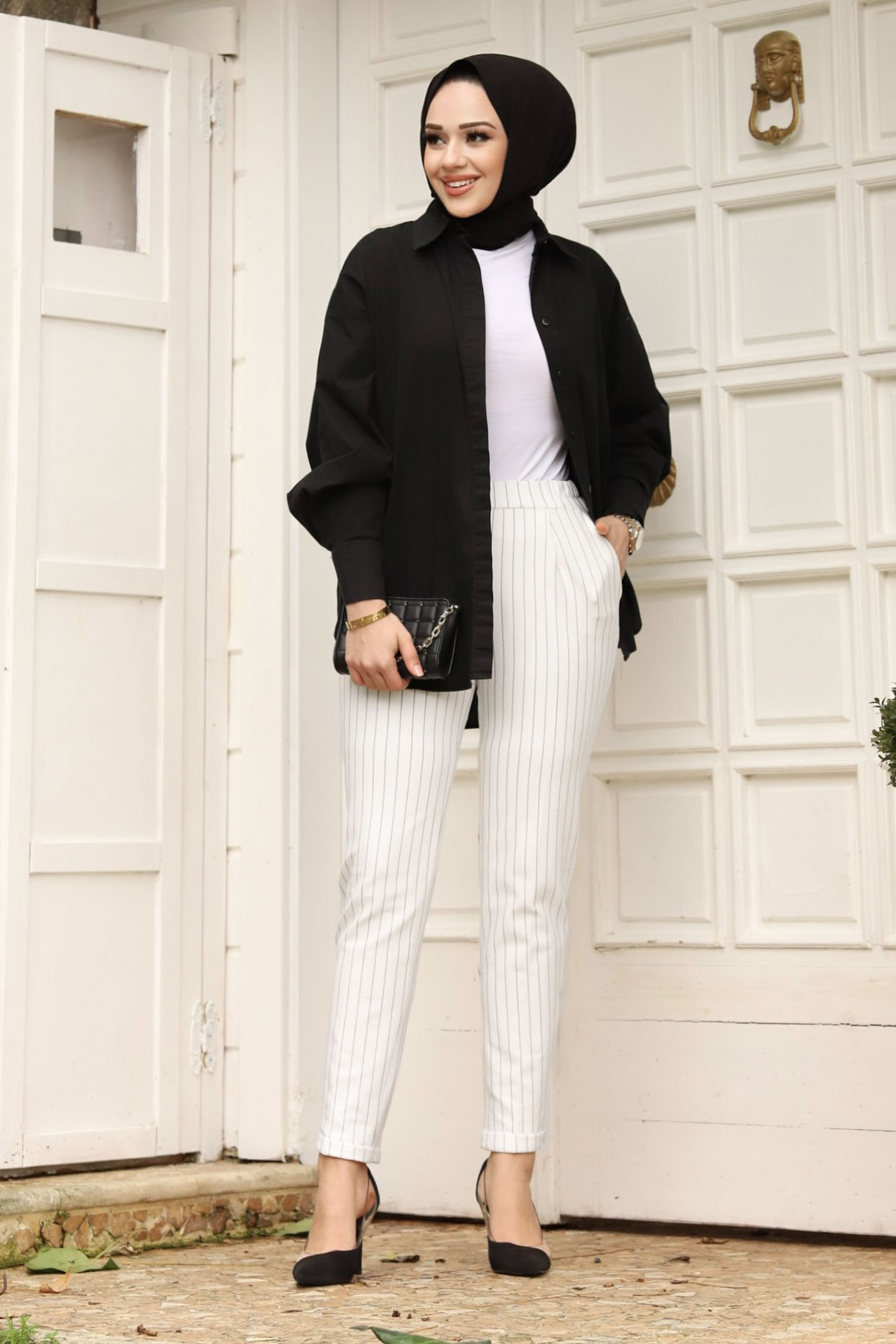 Double Paça Çizgili Havuç Pantolon TSD240114 Beyaz