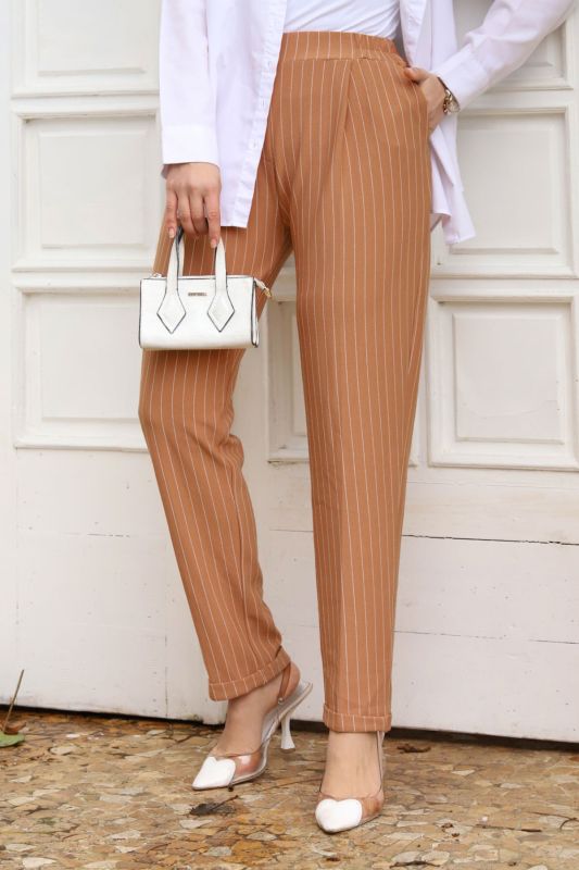 Double Paça Çizgili Havuç Pantolon TSD240114 Taba - 2