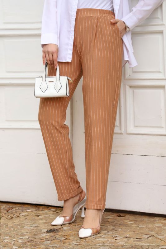 Double Paça Çizgili Havuç Pantolon TSD240114 Taba - 4