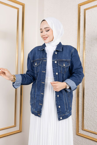 Cepli Denim Ceket TSD250177 Koyu Mavi - Tesettür Dünyası (1)