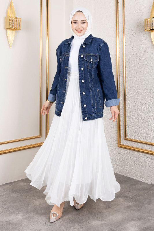 Cepli Denim Ceket TSD250177 Koyu Mavi - Tesettür Dünyası