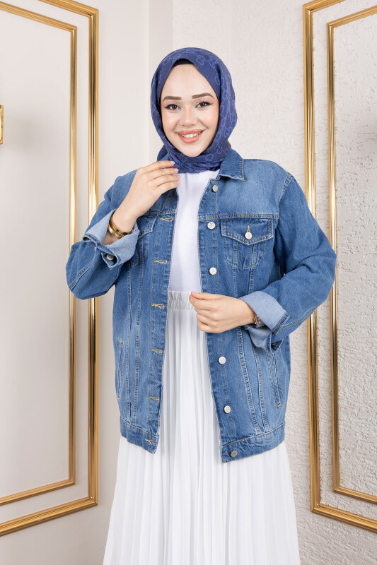 Cepli Denim Ceket TSD250177 Mavi - Tesettür Dünyası (1)