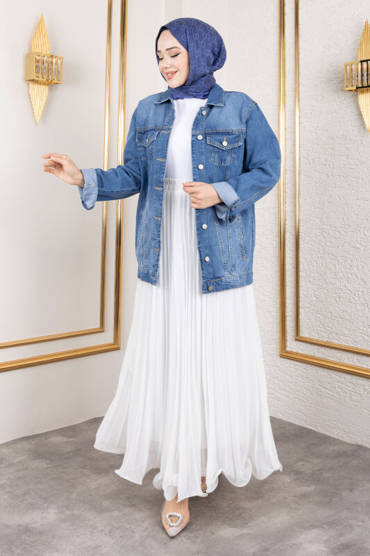 Cepli Denim Ceket TSD250177 Mavi - Tesettür Dünyası