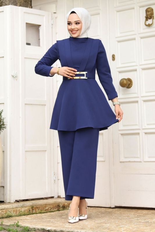 Drape Detaylı Kemerli Krep Takım TSD240248 İndigo - 1