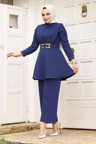 Drape Detaylı Kemerli Krep Takım TSD240248 İndigo - 3