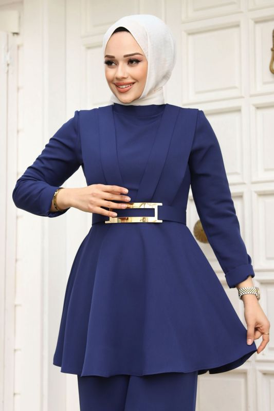 Drape Detaylı Kemerli Krep Takım TSD240248 İndigo - 2