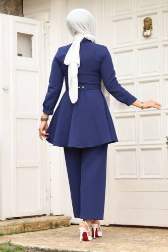 Drape Detaylı Kemerli Krep Takım TSD240248 İndigo - 5